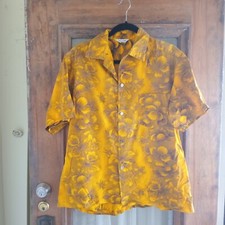 Vintage 50s 60s Hawaiian Yellow Floral Hibiscus Cotton Shirt M/L