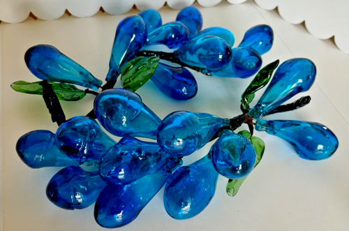 MCM Hand Blown Blue Grape Clusters and Flowers with Leaves Lucite Vintage