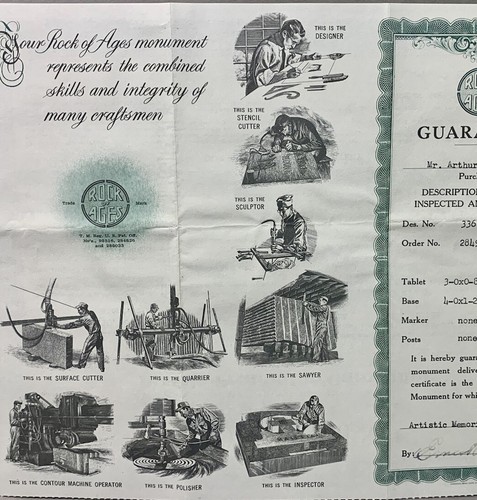 1957 Rock Of Ages Grave Headstone Barre Vermont Granite Monument Paper Guarantee - 第 5/5 張圖片