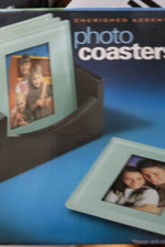 Boxed Set of 4 Glass Photo Coasters with Wood Display Stand Home Decor - NEW