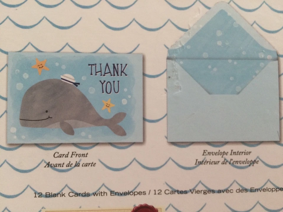 PUNCH STUDIO~ BABY WHALE~BLUE OCEAN~BLANK THANK YOU CARDS~GOLD FOIL~12~CUTE! - Image 2 of 2