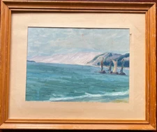 Watercolor Sign. Medarus Kruchen View on Coast with 4 Sailboats in Sea