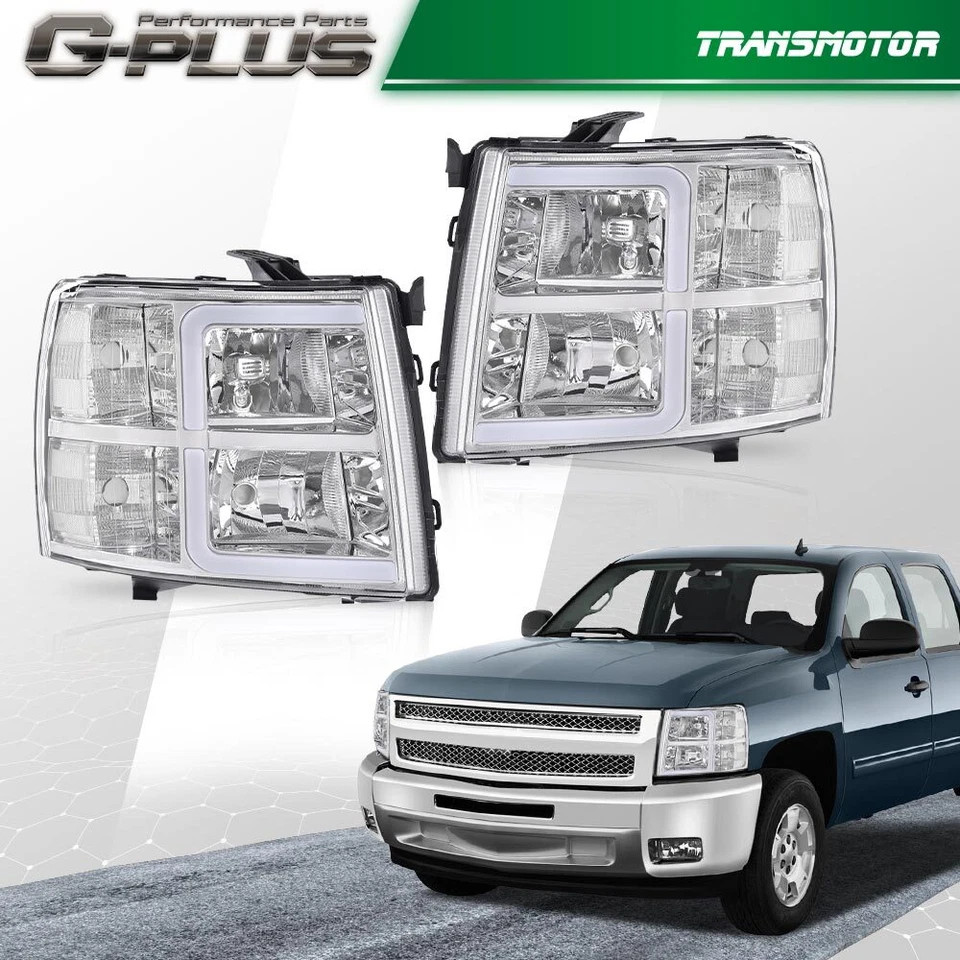 Fit For 2007-2013 Chevy Silverado 1500 Chrome/Clear LED DRL Tube Headlights - Image 3 of 4