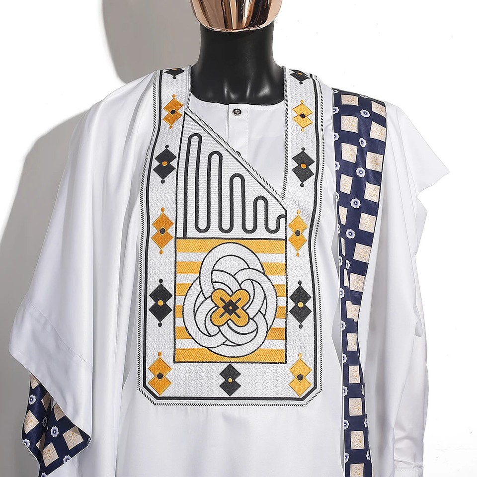 Men's African clothing traditional embroidered white clothing 3-piece set - Image 2 of 4