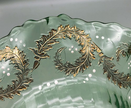 Antique Vaseline Glass Ruffled Scalloped Edge Gold Raised Pedestal Bowl - Picture 4 of 6