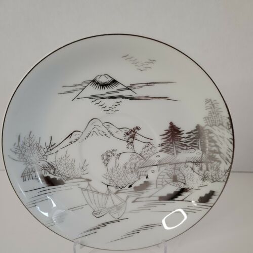Kutani Vintage China Saucer Plates Mt Fuji Boat Water Scene Platinum - Picture 2 of 3
