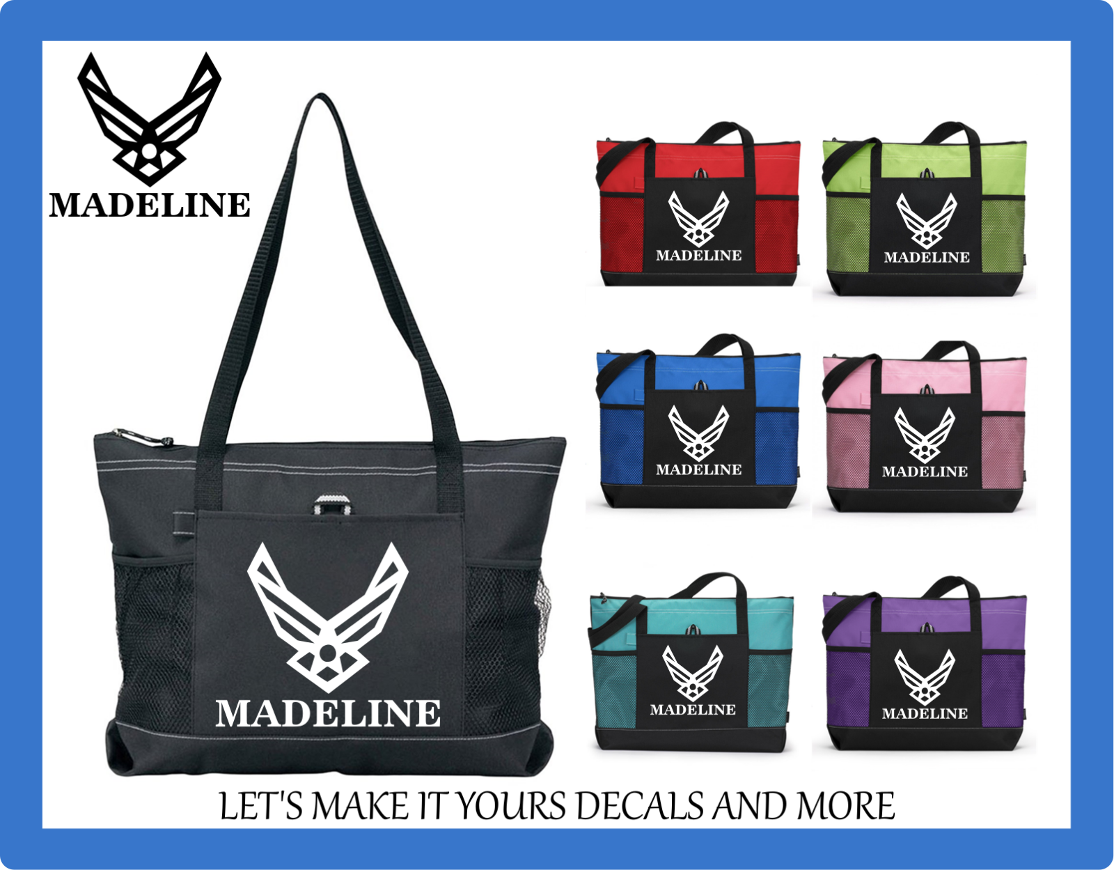 AIR FORCE LOGO PERSONALIZED W/  NAME TOTE PURSE SPORTS GYM GAMING DIAPER BAG USA