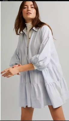 Free People Free-est Misha Blue Cotton Mini Dress L Tiered Puff Sleeve Boho 