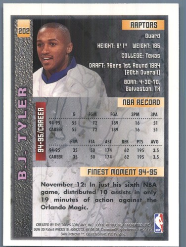 1995-96 Finest Toronto Raptors B.J. Tyler #202 - Picture 2 of 2