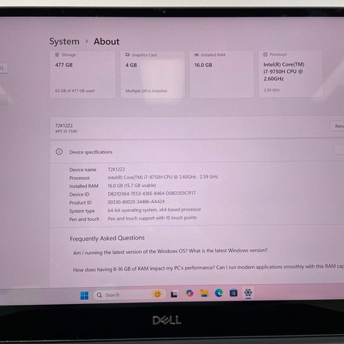 Dell XPS XPS 15 7590 15,6" i7-9750H 2,6 GHz 16 GB RAM 512 GB SSD GeForce GTX 1650 - Foto 2 di 11