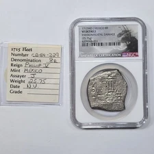 1712 DATED Mexico Cob 8 Reales 1715 FLEET Shipwreck NGC VF w/ Cobb Tag *M154