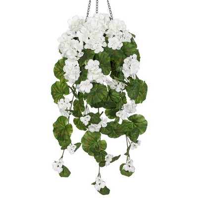 Artificial Hanging Basket for Outdoor, White Geraniums Fake Hanging Flowers R...