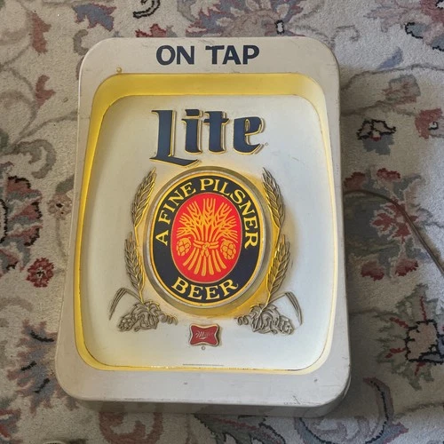 VINTAGE MILLER LITE BEER LIGHTED SIGN 14 x 19 A FINE PILSNER BEER Needs Repair