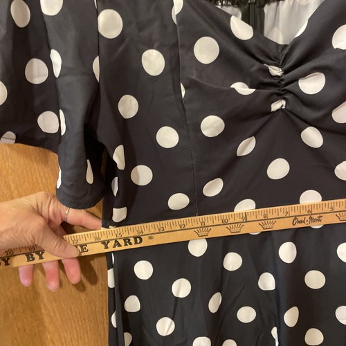Dress Black W/White Poka Dots 34” Bust, 32” Waist Check Pics Measure Poly/Cotton - Picture 6 of 15