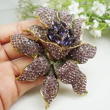 Vintage Style Purple Rhinestones Crystal Orchid Flower Brooch Pin Fashion