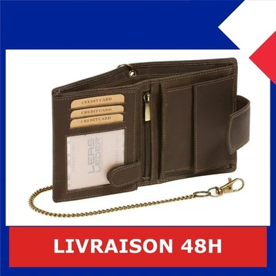 Portefeuille cuir véritable LEAS MCL Marron avec chaîne - Photo 1/4