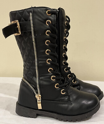 Glitz n Glam Girl s Black Vanda Boots Size 8 Tie Up Zipper Buckle Accents Biker