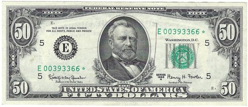 1963A Fifty Dollar Fancy Star Note E00393366*  Richmond Three 3s Pair 0s 6s - Picture 1 of 2