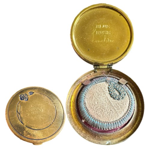 Vintage Antique Blue Rose Lanchere Round Brass Rouge Pink Powder Compact Makeup