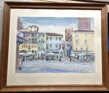 Aquarell Mediterraner Markt °Unreadable Signed °Piazza Delle Erbe In Verona