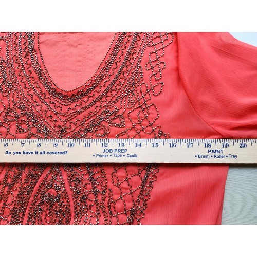 TOP-COLLEEN LOPEZ-Tangerine Orange-Gold Gray Beading-Tuck In-Short-Sheer-Size M - Picture 11 of 15