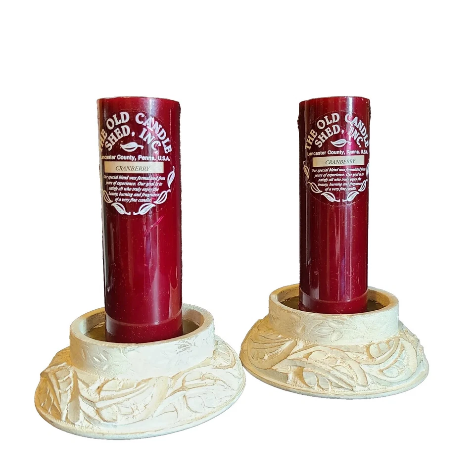 Pair Wooden Pillar Candle Holders Rustic Carved Farmhouse White - Holds Med - XL - Image 4 of 4