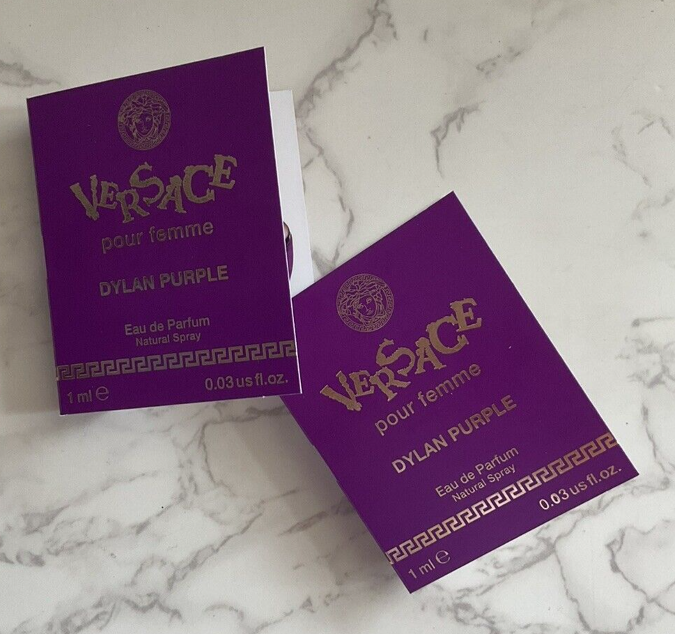 2x VERSACE DYLAN PURPLE POUR FEMME WOMEN EDP CARDED SPRAY SAMPLE .03 oz. each