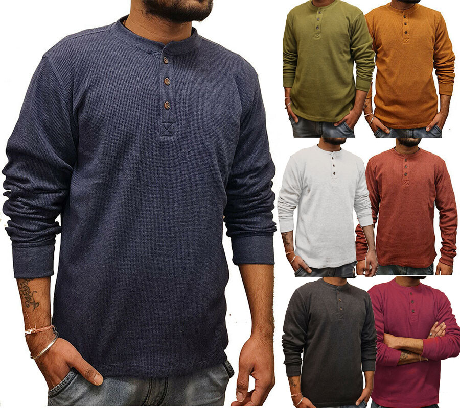 Camiseta para hombre manga larga térmica Henley jumper algodón rico en gofres tejido +