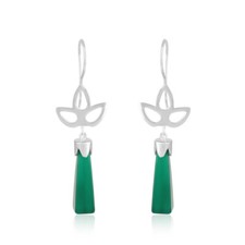 Solid 925 Silver White Rhodium Green Onyx Gemstone Leaf Design Earrings Jewelry