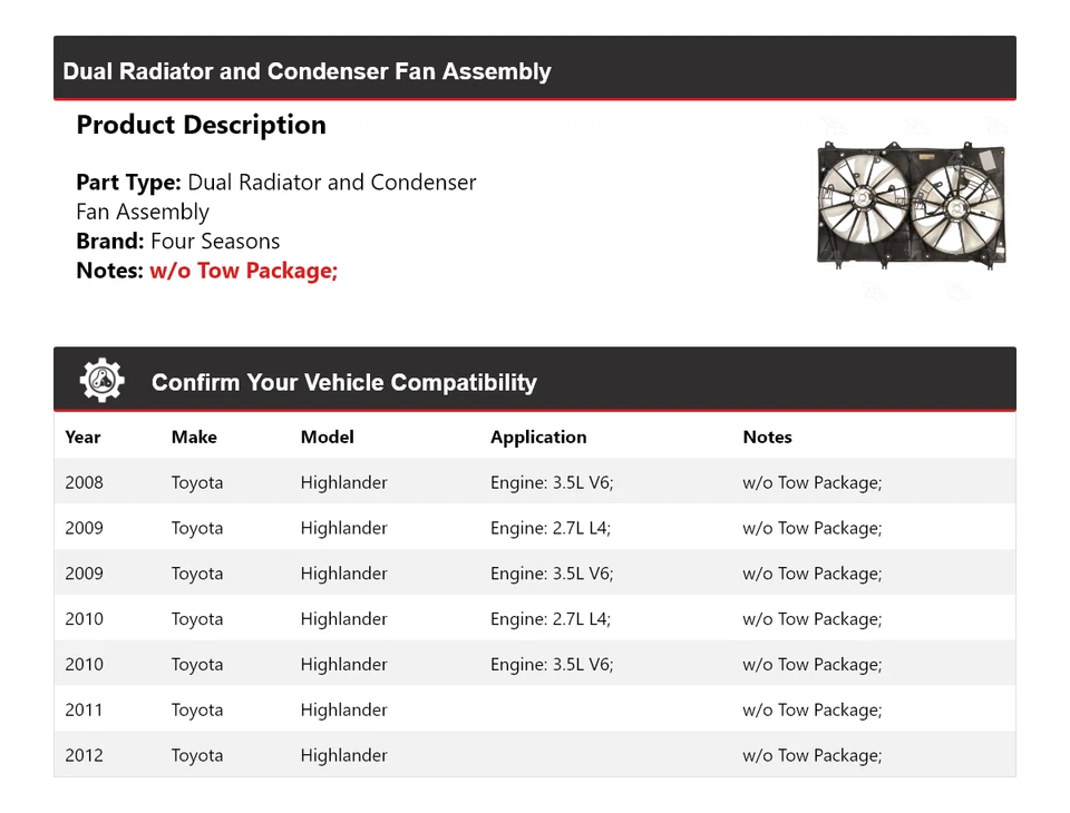 Conjunto de ventilador condensador radiador doble para Toyota Highlander 2008-2012 4 mar Foto 2 de 4