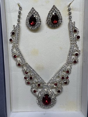 Elegant Necklace & Earring Set-Teardrop Red Gemstones w/Cubic Zirconia Accents