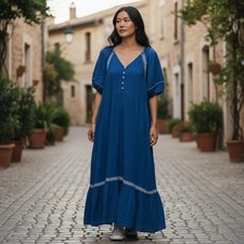 Boho Vacation Blue Gauze Embroidered Maxi Dress Boho V Neck Puff Sleeve XL