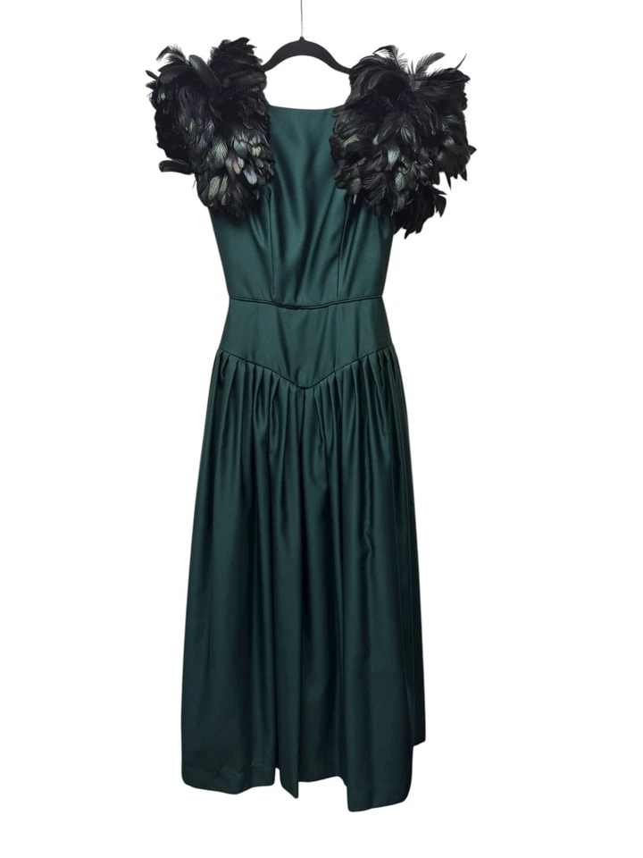 Victor Costa 80s Emerald Green Silk, Black Feather gown - Image 3 of 4