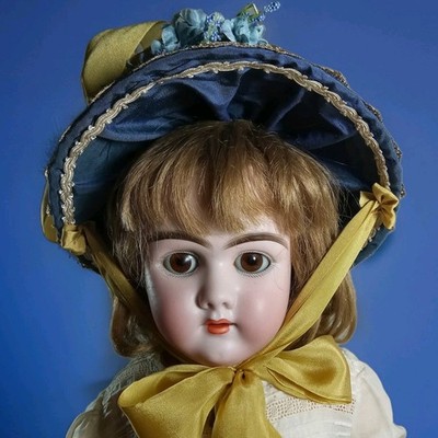 ~ DOLL HAT For Atg. Bisque Doll Hand Sewn 23-25''Doll~13-14''Cir. Blue Silk & Gold
