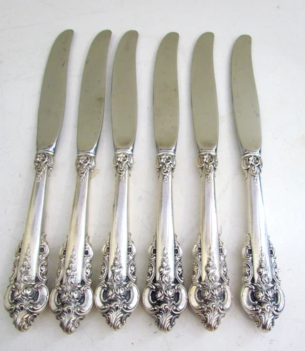 Set 6 Antique Sterling Silver Handle Wallace Grand Baroque Dinner Knives 9 3/4"
