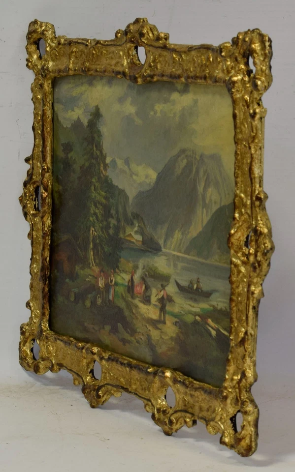 Altes Gemälde, Am See zwischen den Bergen, Landschaft, Öl, signiert, 50 x 41 cm - Bild 4 von 4