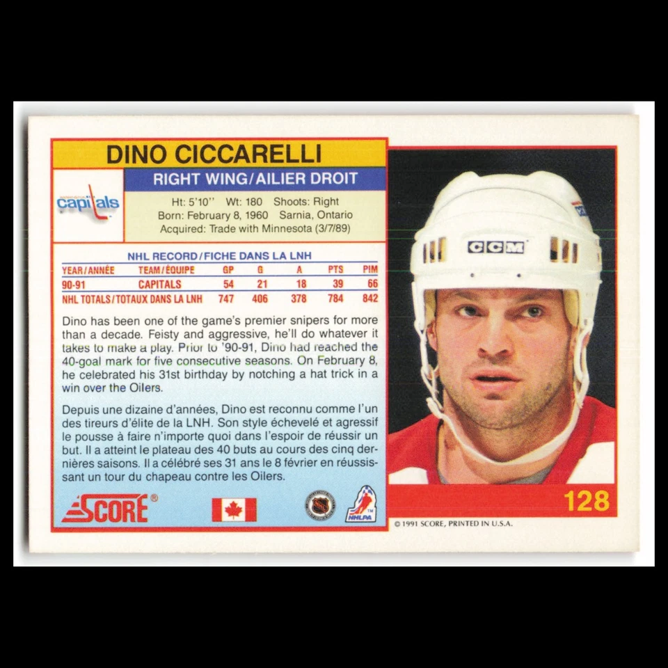 Dino Ciccarelli #128 1991 Score Canadian Washington Capitals Hockey Card NHL NM - Image 2 of 3