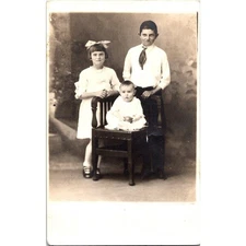 Vintage Postcard RPPC Children Portrait, Adorable Boy, Girl and Baby in Chair