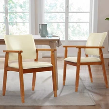 Mid-Century Dining Side Chair with Faux Leather Seat in Tan, Arm Chair in Walnut