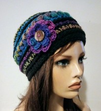 crochet-handmade-womans-flower-hat-beanie-gossamer-puffs-new