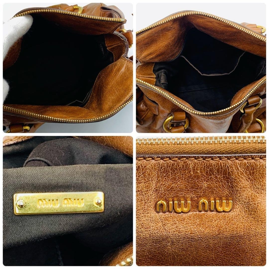 バッグ miu miu side ribbon 2way HandBag Brown miu miu Side Ribbon 2way Leather Shoulder Handbag Brown Gold