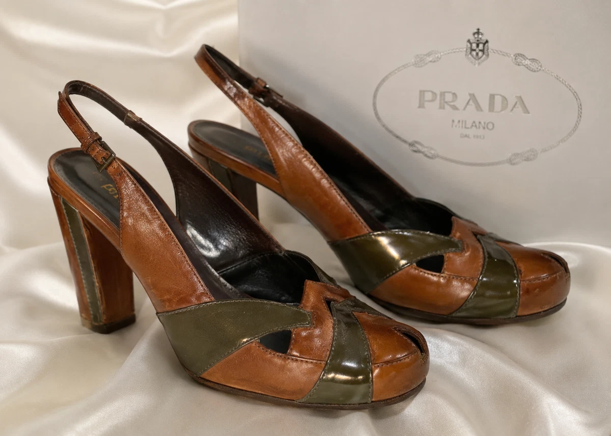 PRADA BROWN&GOLD Buckle Slingback Heels Prada Womens Slingback