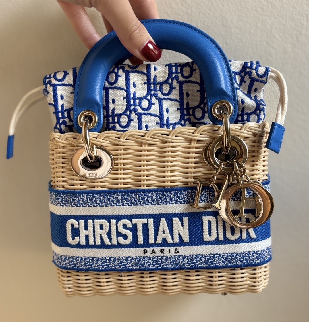 Dior Mini Lady Dior Wicker Rattan Bag Blue Oblique Canvas Crossbody Authentic