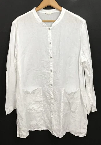 Eileen Fisher Organic Linen Band Collar Shirt White Long Sleeve Top Size L