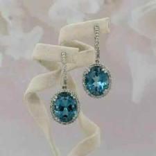 14k White Gold Plated 3Ct Oval Cut Lab-Created Blue Topaz Drop/Dangle Earrings