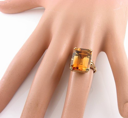 LARGE 9K 9CT GOLD NATURAL CITRINE EMERALD CUT 15mm x 12mm ART DECO INS RING - Picture 4 of 6