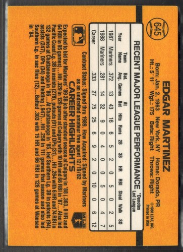 Donruss 1989 ~ Edgar Martínez 645 novato de la corte *tarjeta real ** gratis el mismo día - Imagen 2 de 2