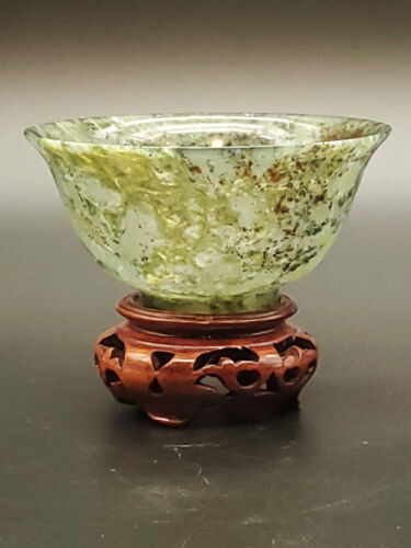 ANTIQUE CHINESE TRANSLUCENT SPINACH JADE BUDDHIST OFFERING BOWL 3.75 inch dia.