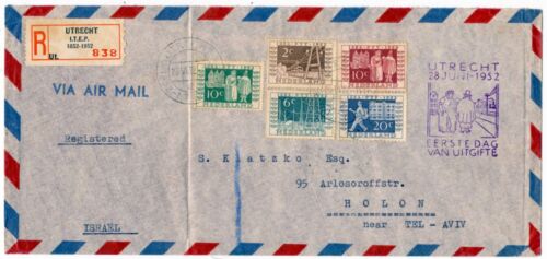 Niederlande 1952 Ersttagsbrief + Erstflugstempel Utrecht - Israel Mi.595+597-600