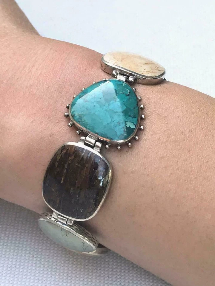 Pulsera SILPADA PLATA ESTERLINA PIRITA TURQUESA BRONCE JASPE PALANCA B1934  Foto 4 de 4